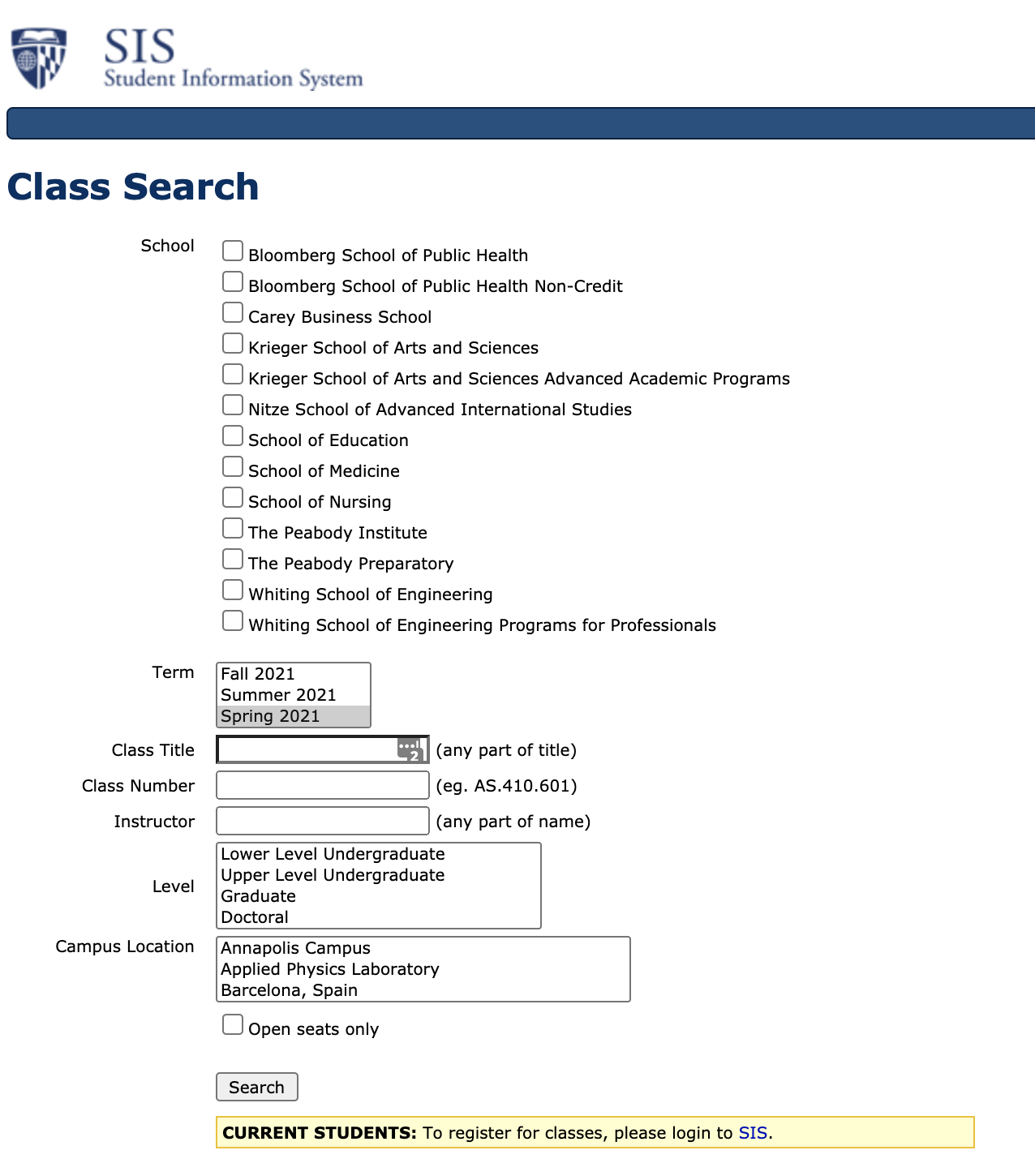 Screenshot of JHU's class search portal
